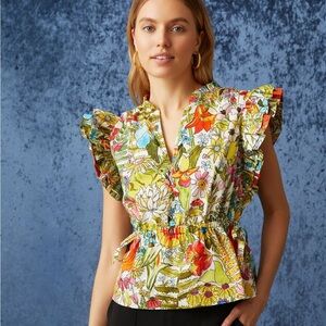Marie Oliver Olive Top Women's Size Small Botanic Floral Cinched Ruffle Blouse